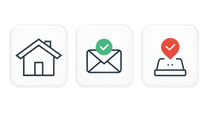 Collection of three modern outline icons representing home, verified email, and confirmed location pin for UI design
