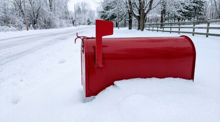 Classic vibrant red mailbox standing prominently in a deep snowy winter landscape by a rural road, symbolizing communication, hope, and seasonal greetings.