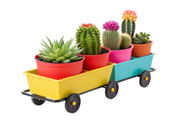 Colorful cactus succulent plants in bright pots on wagon train, isolated on a transparent background