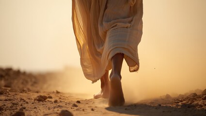 Woman walking on dusty road at sunset