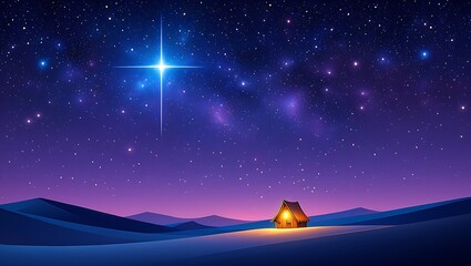 A serene starry night with a cozy house under a bright star