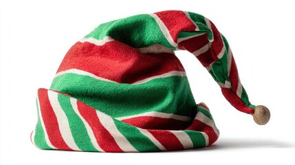 Festive striped elf hat with a bent tip, featuring red, green, and white colors.
