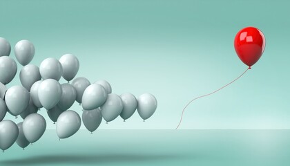 innovative conceptual image depicting a red balloon floating away from a cluster of gray balloons