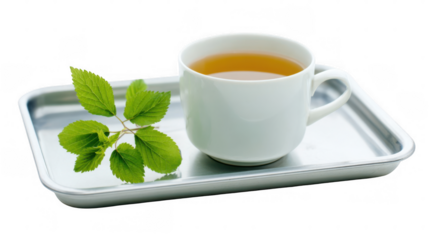Steaming herbal tea served in a white cup sits on a white tray, offering a comforting and refreshing beverage against a transparent background, perfect for incorporating into various designs