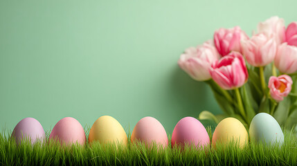 Pastel Easter eggs in green grass with pink tulips