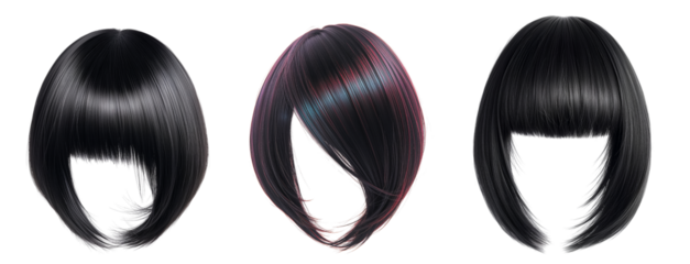 Beautiful dark wig hair on transparent background

