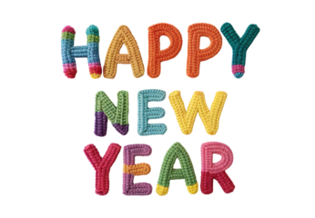 HAPPY NEW YEAR crocheted words rainbow gradient multicolored letters stacked, isolated on a transparent background