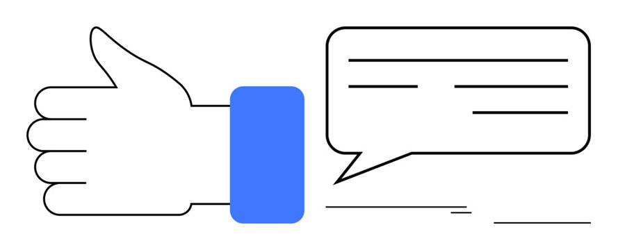 Hand with thumbs-up and speech bubble representing positive feedback, social interaction, and approval. Ideal for communication, feedback, agreement, teamwork, social media, conversation review