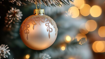 Close-up of an elegant pastel-colored Christmas ornament, hanging from decorated tree with soft blurred warm lights in background, ornate gold finish details
