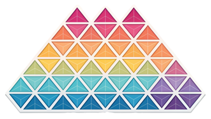 Geometric low poly mountain shape composed of vibrant rainbow gradient triangles isolated on a transparent background