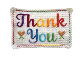 Thank You white crocheted pillow with colorful letters and hearts, isolated on a transparent background
