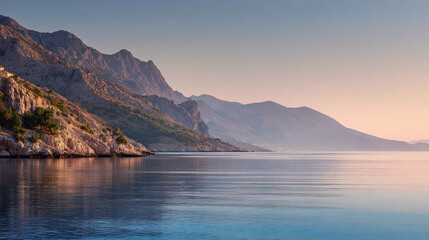 A breathtaking seascape showcasing the serene coastal mountains. The calm sea perfectly mirrors the tranquil sky, creating a stunning visual display