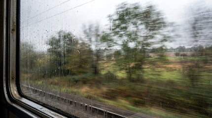 Moody view from a train window on a rainy day, with raindrops on the glass and a blurry, moving landscape of fields and trees passing by, evoking a sense of contemplative journey.