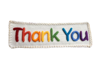 Thank You rainbow crocheted text patch on white fabric background, isolated on a transparent background