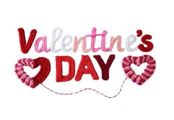 Valentine's Day crocheted text with pink red hearts romantic decoration, isolated on a transparent background