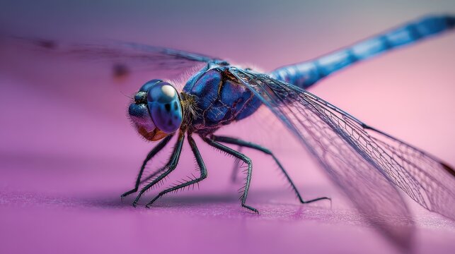 Macro capture of a blue dragonfly on a purple surface with gentle lighting - Powered by Adobe