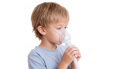 Caucasian female child is holding a blue and white plastic medical inhaler with an oxygen mask, treating respiratory illness, on a transparent background