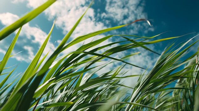 Reeds and Sky: Vibrant green reeds sway gently against a bright blue sky, their leaves reaching towards fluffy white clouds, capturing the essence of a serene and natural setting.