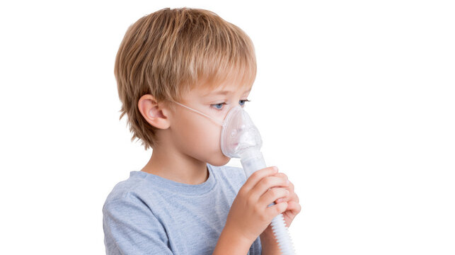 Caucasian female child is holding a blue and white plastic medical inhaler with an oxygen mask, treating respiratory illness, on a transparent background