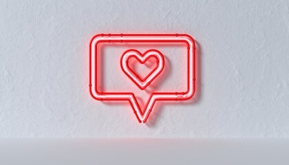 Neon red heart within a speech bubble sign illuminating a wall background