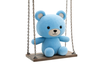 Cute blue teddy bear plush toy sitting on wooden swing seat, isolated on a transparent background