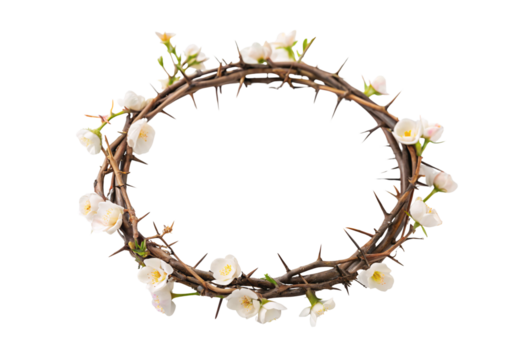 Crown of thorns wreath adorned with white cherry blossoms spring frame, isolated on a transparent background - Powered by Adobe