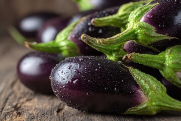 Macro photograph of vibrant eggplants arranged in a bountiful pile