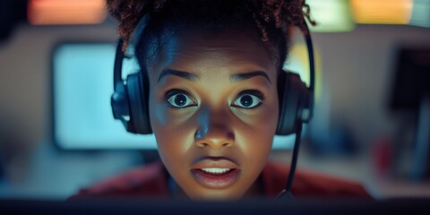 Young woman operating a computer in the dark.