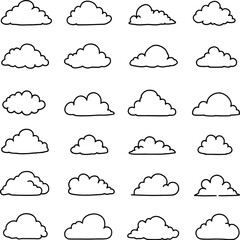 Minimal cloud icon set with diverse outline styles for weather, nature, forecast, and climate design themes
