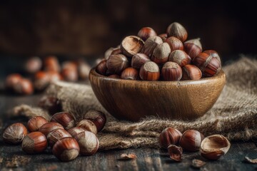 Macro shot of glossy hazelnuts with shells and kernels in a cozy kitchen setting