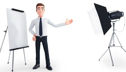 Professional male presenter standing beside whiteboard with studio lighting setup for presentation