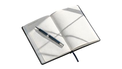 Open graph paper notebook and executive blue pen captured with dramatic window light and geometric shadows isolated on a transparent background.