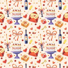 Valentine's Day seamless pattern by colored pencils. Romantic holiday. February 14. Love. Heart, cake, gift, envelope, candle, lock, key, bottle of wine, glass of champagne. Hand drawn illustration.