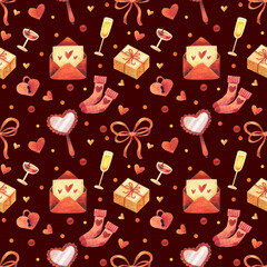 Valentine's Day seamless pattern by colored pencils. Romantic holiday. February 14. Love. Heart, mirror, gift, envelope, lock, glass of champagne. Hand drawn illustration.