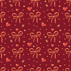 Valentine's Day seamless pattern by colored pencils. Romantic holiday. February 14. Love. Heart, bow, ribbon, cherry, sweet strawberry. Hand drawn illustration.