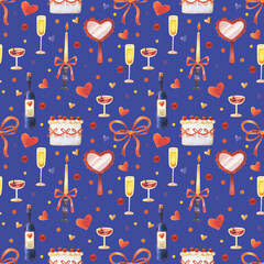 Valentine's Day seamless pattern by colored pencils. Romantic holiday. February 14. Love. Heart, cake, bow, candle, bottle of wine, glass of champagne, martini glass, mirror. Hand drawn illustration.