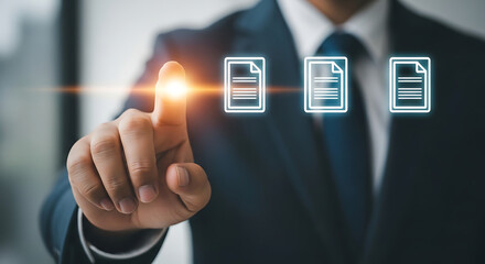 Man selecting files in a digital document management system for business automation