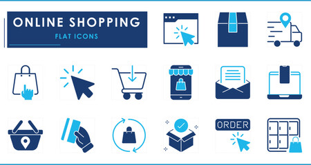 A set of flat icons related to Click and collect online shopping. Online, pay, order, deliver, location, cart, goods, and so on.