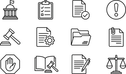 Legal icons, law symbols, justice scale, courthouse, gavel, document, folder, checklist, warning, approval, pencil, gear, book, stop sign, paperclip, government, administration, editing.