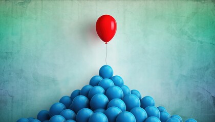 Single red balloon floating above a mound of blue balloons against a textured green wall