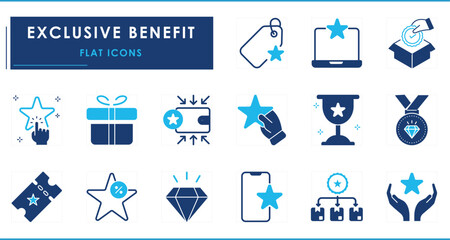 A set of flat icons related to Exclusive Benefit. Award, discount, save, star, gain, medal, VIP, bonus, and so on.
