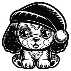 A funny cartoon dog wearing a hat and holding a bone with a cute smiling face