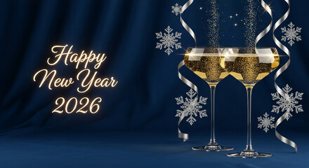 Two champagne glasses on a dark blue background with snowflakes and ribbons. Happy New Year 2026. Celebration and festive atmosphere, good luck concept.