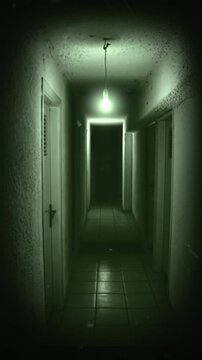 Ghostly Hallway Illuminated By Dangling Light, Haunted Corridor Featuring Flickering Bulb And Mysterious Figures Lurking Nearby