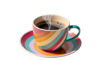 Steaming cup of coffee on a saucer featuring a vibrant retro rainbow stripe pattern isolated on transparent background