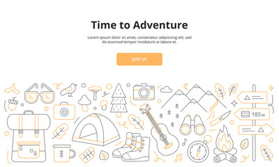 Camping and hiking line icons. Outdoor travel adventure concept with nature elements and equipment. Vector illustration for landing page, banner, or ad.tent