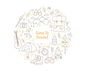 Camping and outdoor adventure icons. Travel and hiking equipment, including a mountain, a tent, a backpack, and natural elements. Line vector illustration isolated on a white background.