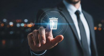Businessman touching trash can icon on digital interface with bokeh city lights