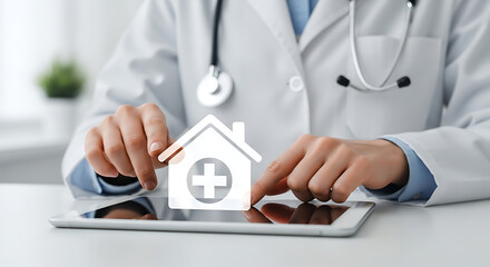 Doctor using digital tablet with home health icon offering telemedicine and remote care