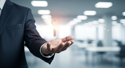 Businessman extending hand with floating digital key unlocking new opportunities